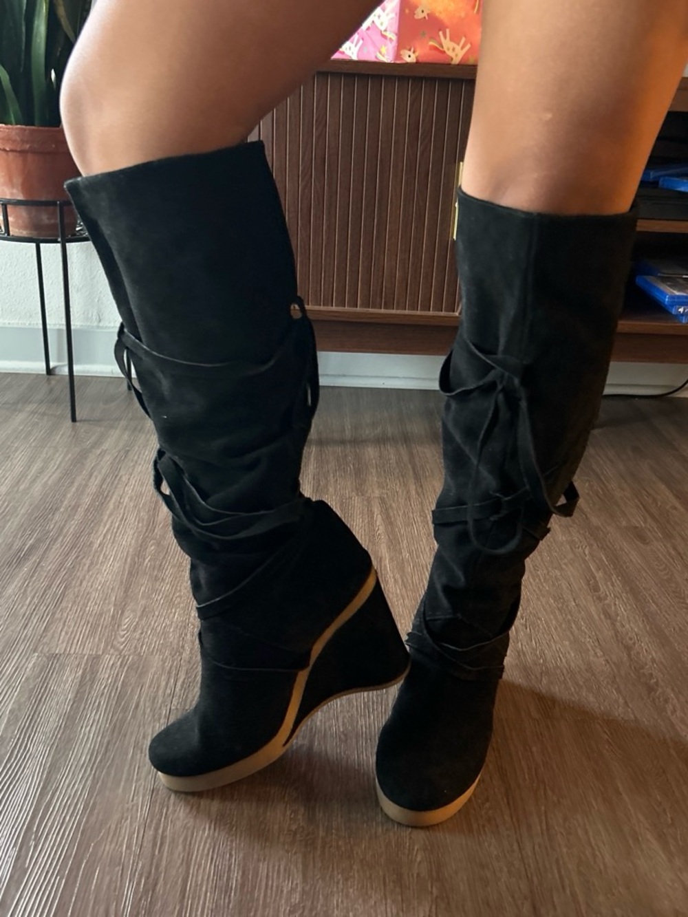 Steven By Steve Madden Black Suede Over-the-Knee Wedge Boots